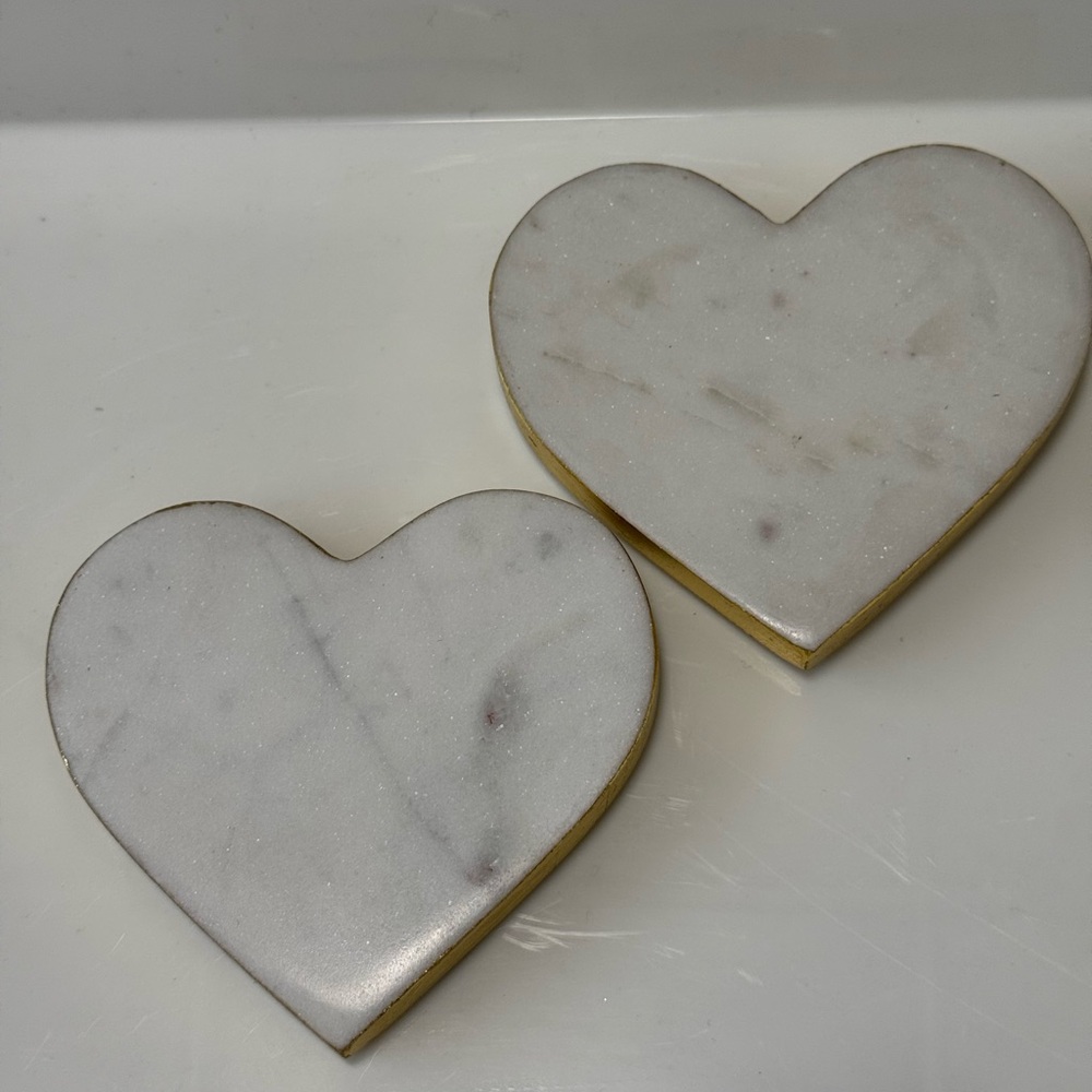 Heart-Shaped Marble Coasters with Gold Trim. (2)